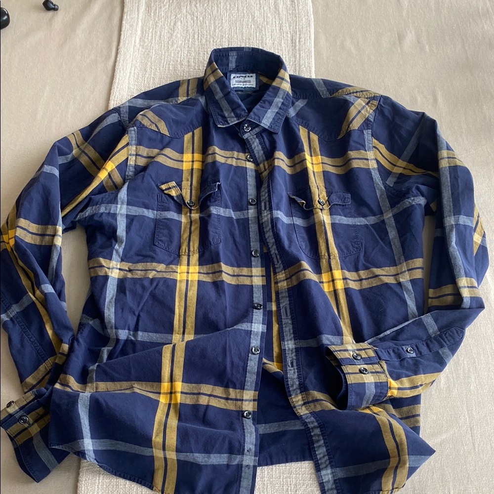 Express Blue and Yellow Casual Button Down Shirt